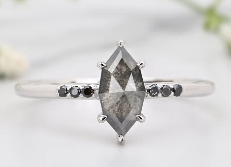 Salt and Pepper Diamond Ring, Marquise Engagement Pave Black Side Stone Ring, 14K White Gold Cluster Ring, Bridal Anniversary Ring